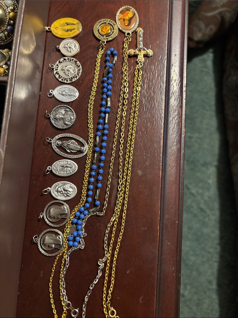 Gold-Tone Cross Necklace with Blue Bead Accent